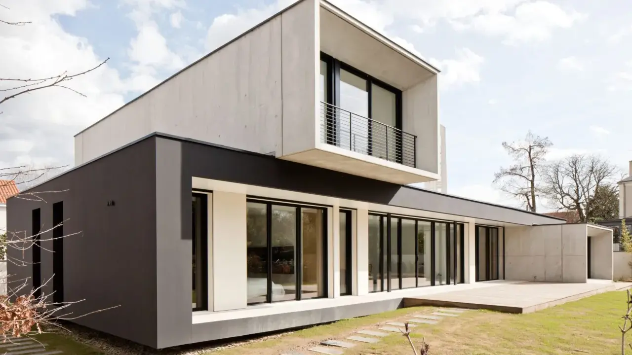 Maison moderne avec façade en béton et bardage sombre, grande baie vitrée et terrasse en bois.