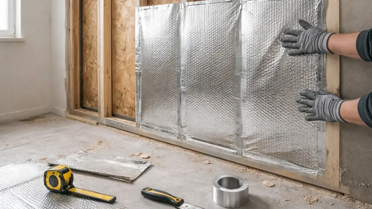 Pose d'un isolant mince sur un mur en construction. Des mains gantées ajustent le matériau réfléchissant. Outils de pose au sol.