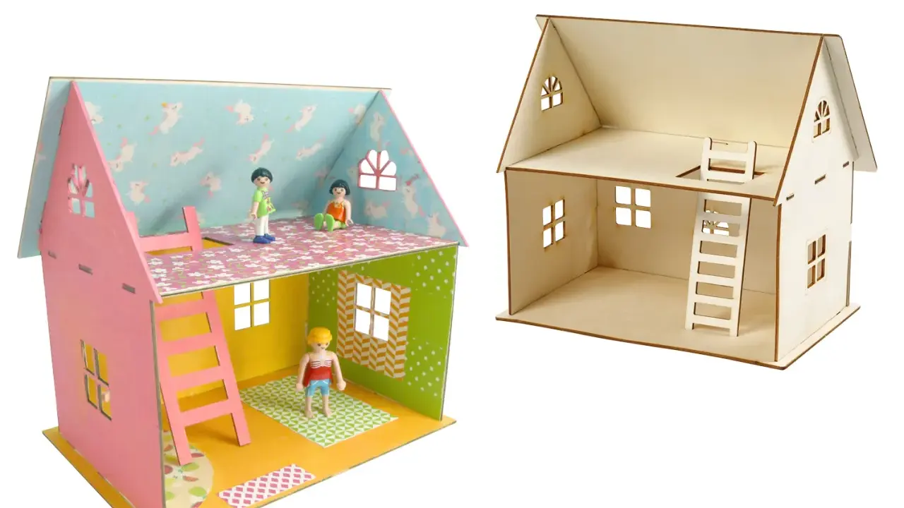 Plan maquette maison en bois décorée avec des figurines, et une autre maison en bois brute.