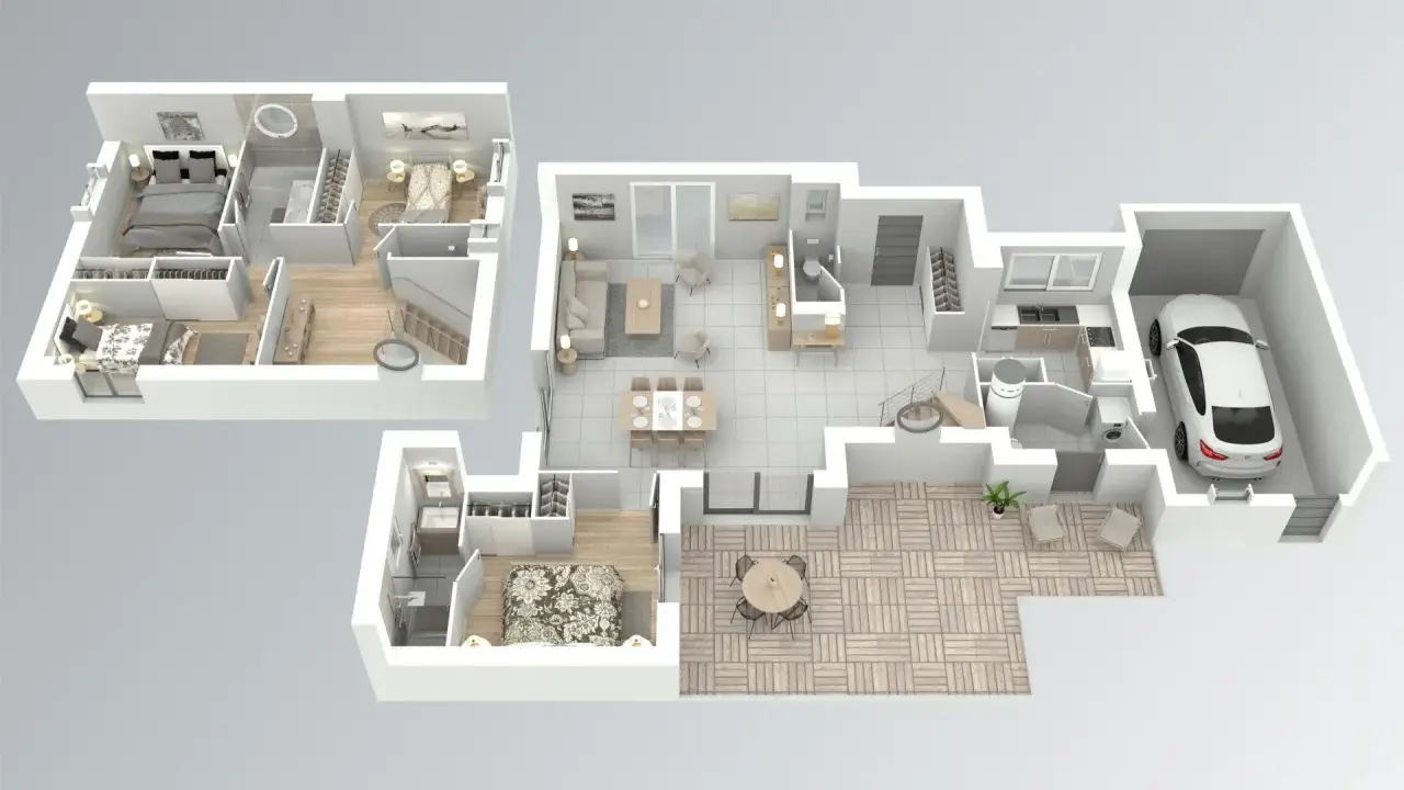 Exemple plan maison 3D : vue éclatée montrant plusieurs chambres, salon, salle à manger, cuisine, salle de bain et garage avec une voiture.