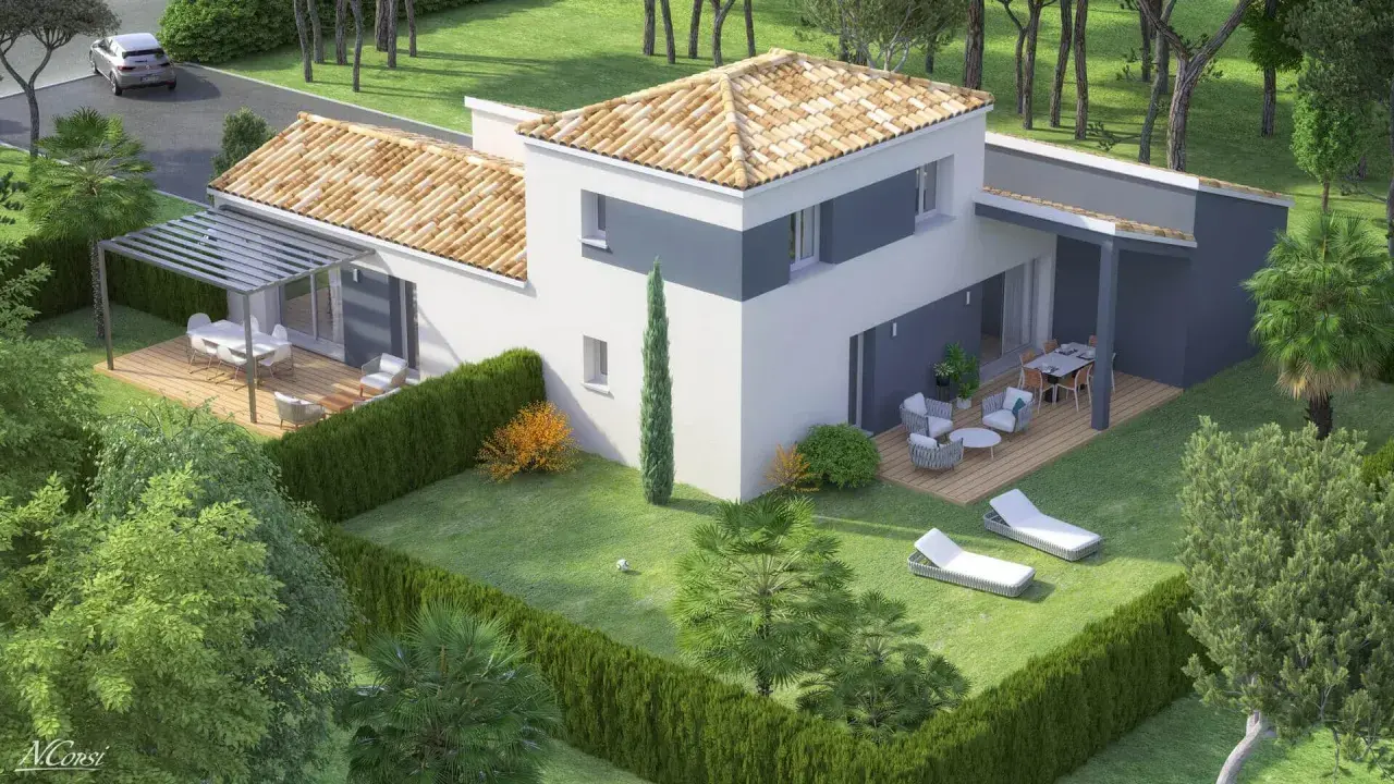 Plan maison jumelée 80m2 avec terrasses en bois, pergola et jardin paysager. Idéal pour une famille.
