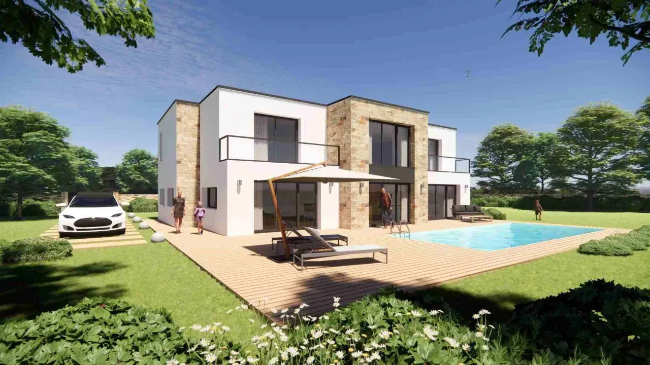 Maison moderne avec piscine, terrasse en bois et voiture électrique. Un architecte a conçu cette construction pour un style de vie luxueux.