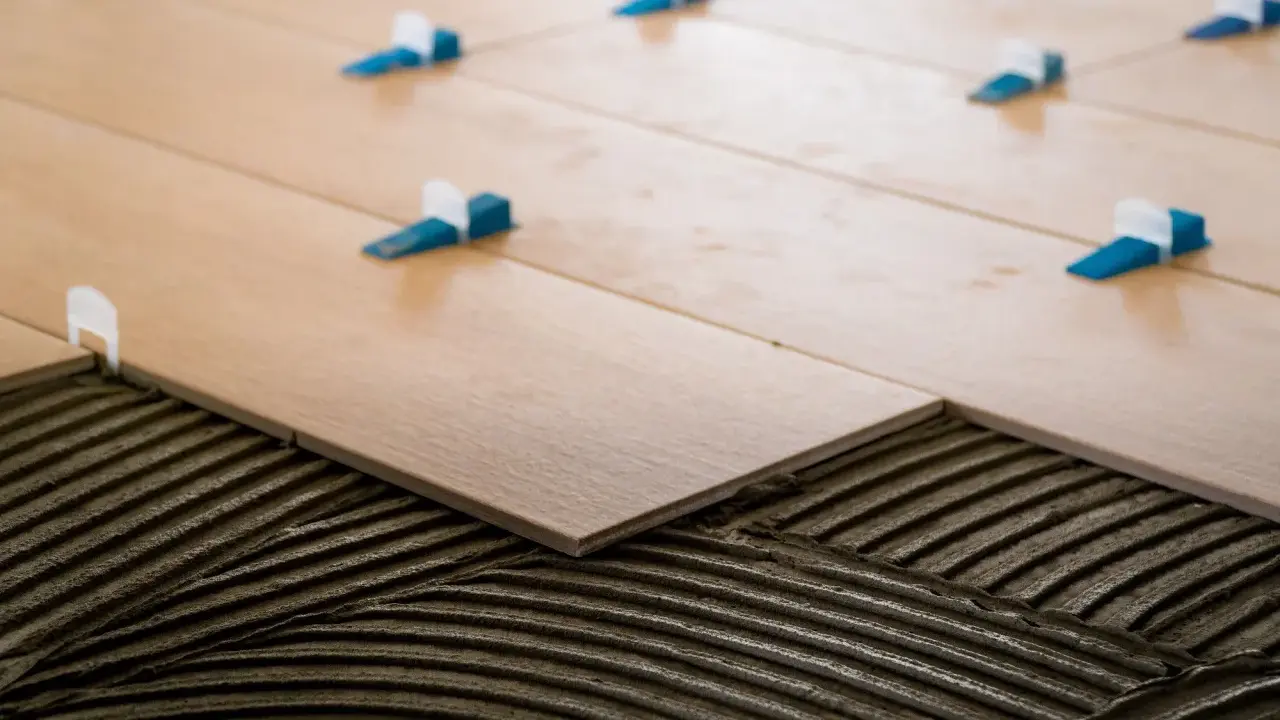 Pose de carrelage 60x60 en cours. Des carreaux en bois clair sont posés sur du mortier frais, avec des croisillons bleus et blancs pour un espacement parfait.