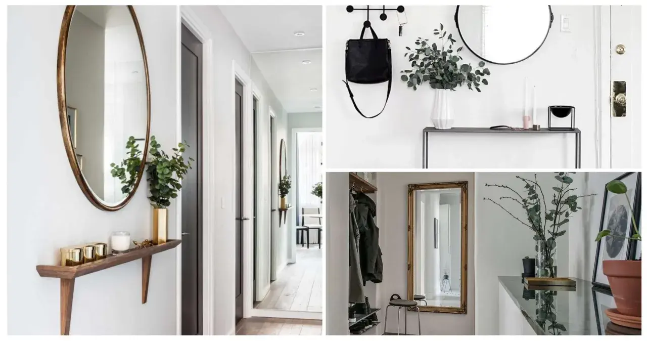 Idées pour aménager entrée étroite : miroirs, étagères fines, patères et plantes pour un espace fonctionnel et stylé.
