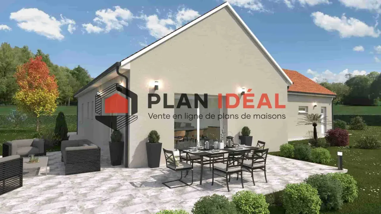 Plan maison plain-pied senior : une villa moderne avec terrasse aménagée, idéale pour profiter de l'extérieur en toute sérénité.