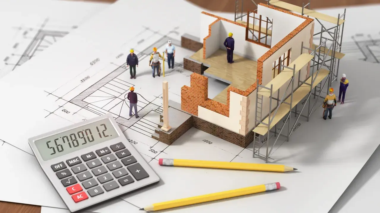 Maquette de maison en construction sur plans, avec des figurines d'ouvriers, une calculatrice et des crayons. L'inflation des matériaux de construction rend le calcul du budget complexe.