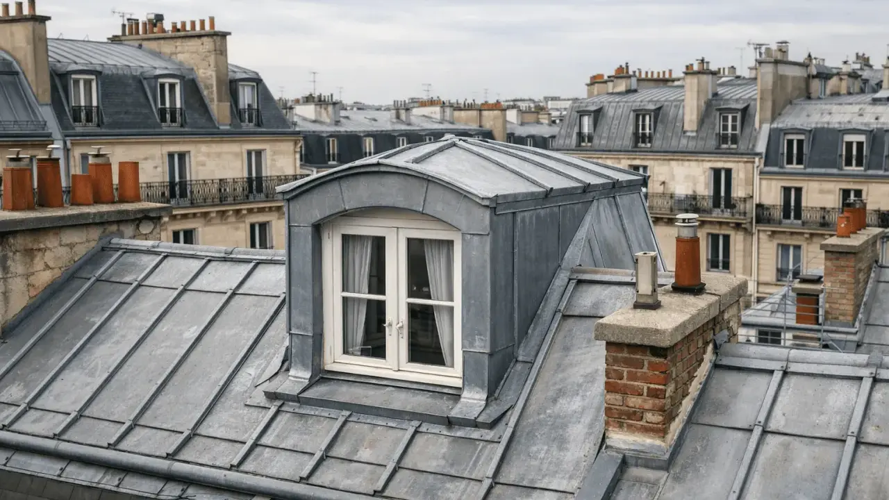 Vue panoramique sur un toit haussmannien parisien, avec ses lucarnes et cheminées en zinc et brique.