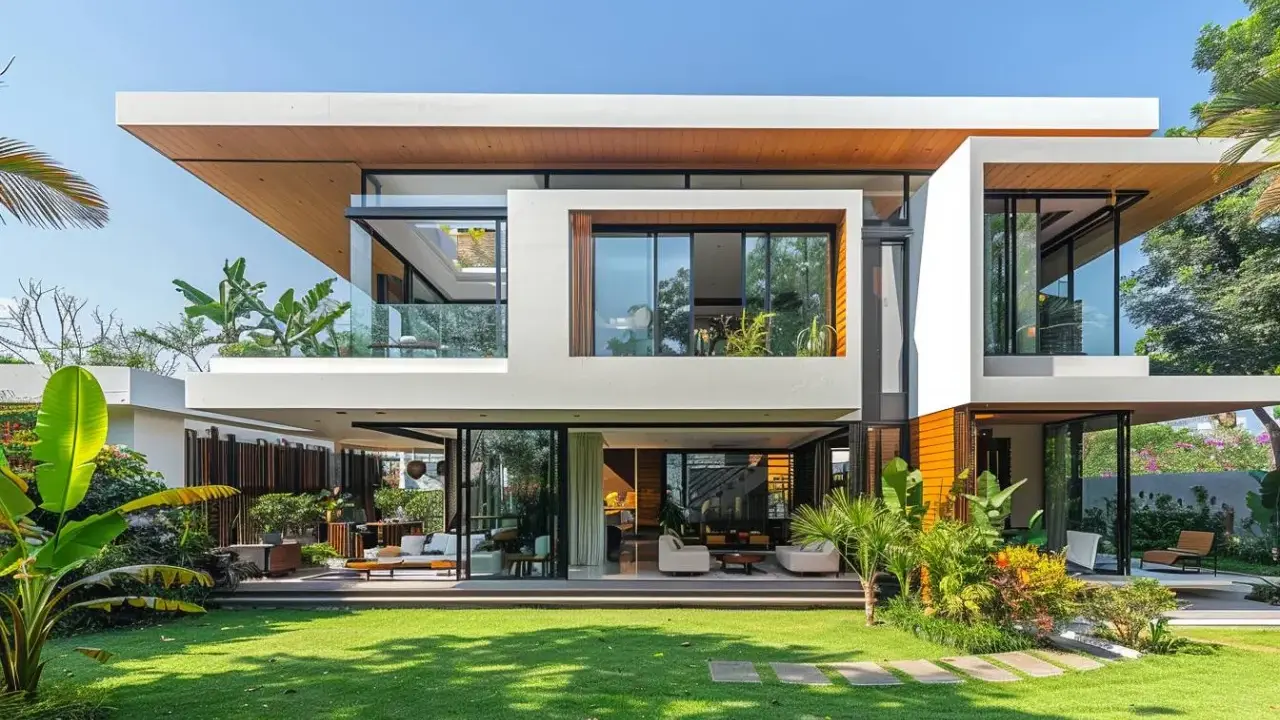 Une maison futuriste aux lignes épurées, avec de grandes baies vitrées, des balcons et une végétation luxuriante.