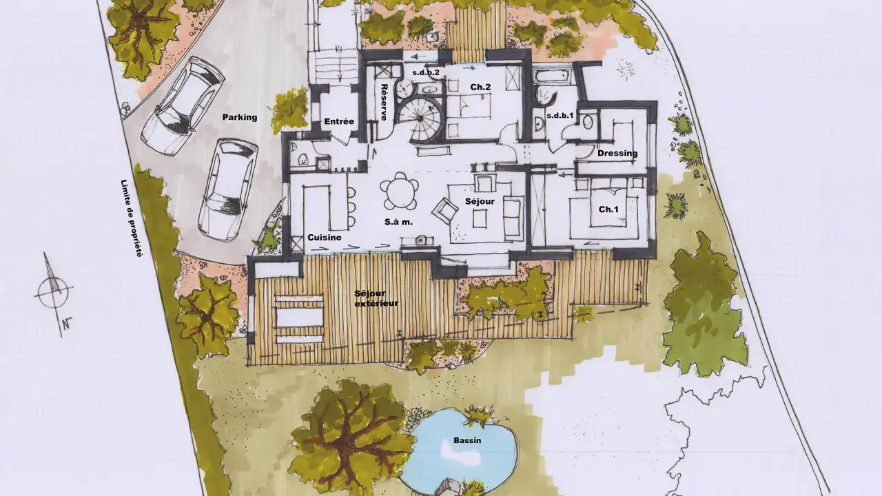 Plan maison ancienne : vue aérienne d'une maison avec parking, entrée, cuisine, séjour, chambres, salle de bain, dressing, séjour extérieur, et un bassin.