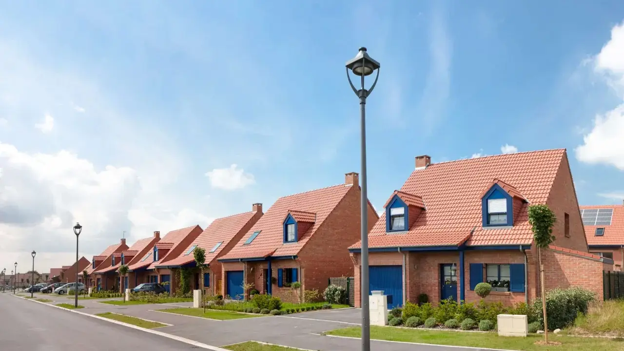 Vue d'une rue bordée de maisons de lotissement aux toits rouges et volets bleus, sous un ciel d'été.