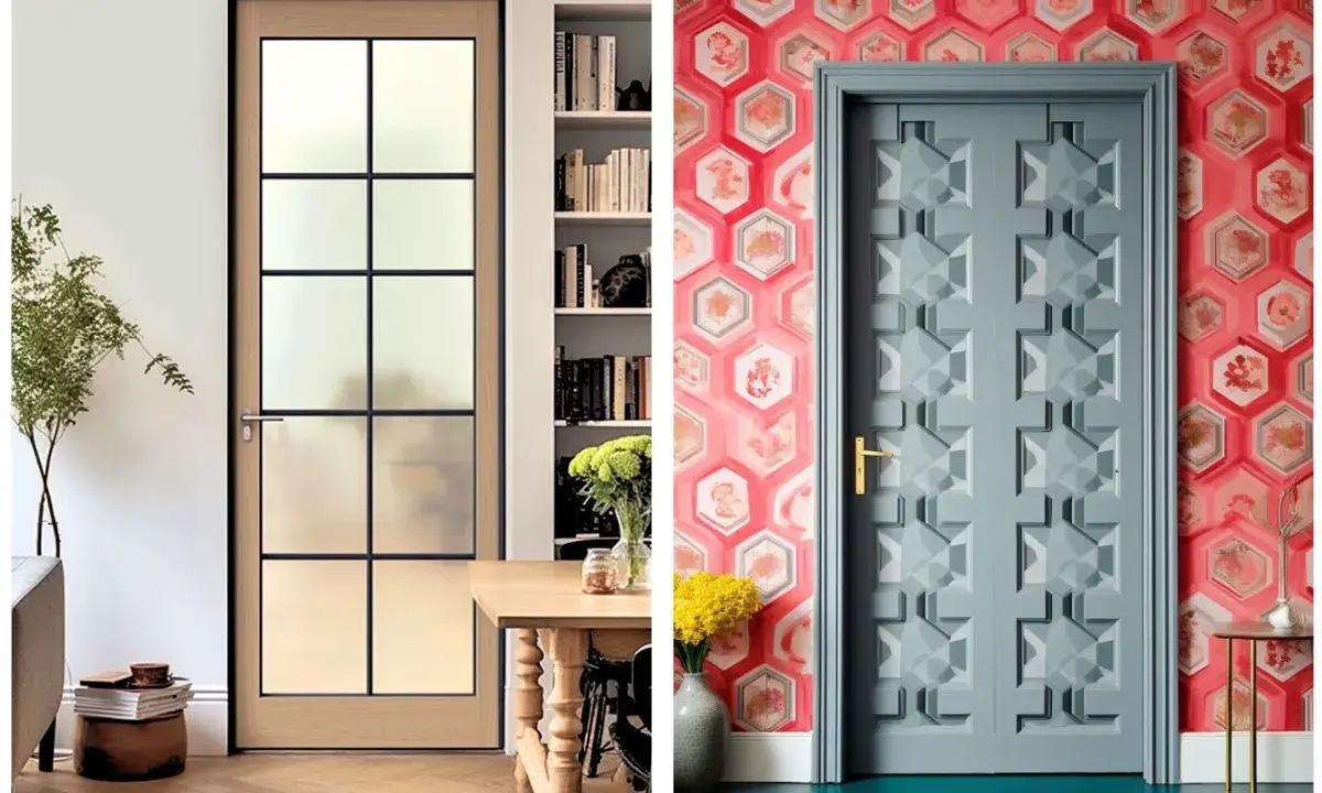 Deux portes, une vitrée style industriel, l'autre sculptée, montrent comment habiller une porte pour un intérieur moderne ou audacieux.