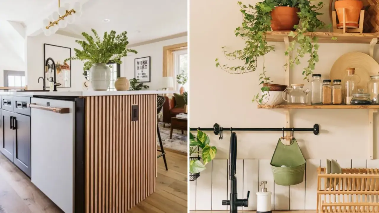 Idées pour comment rénover une cuisine : îlot moderne avec revêtement en bois et étagères végétalisées.