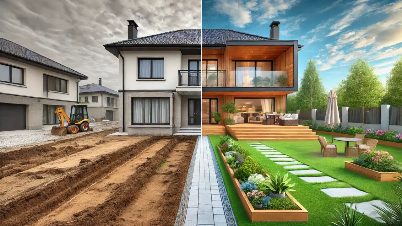 Avant/après : chantier d'une maison neuve transformé en jardin paysager luxuriant.