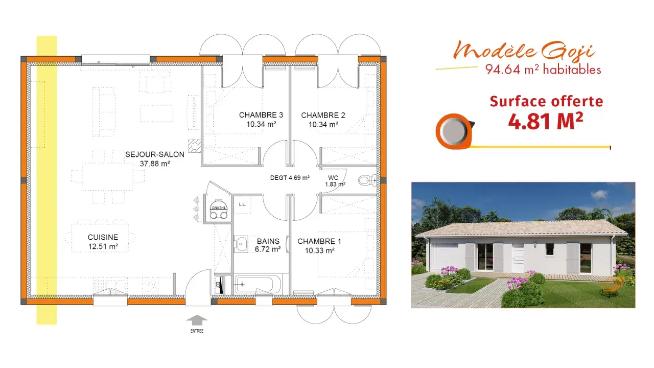 Plan de maison simple et jolie : modèle Goji, 94.64 m², avec séjour-salon, cuisine, 3 chambres, bains et WC.