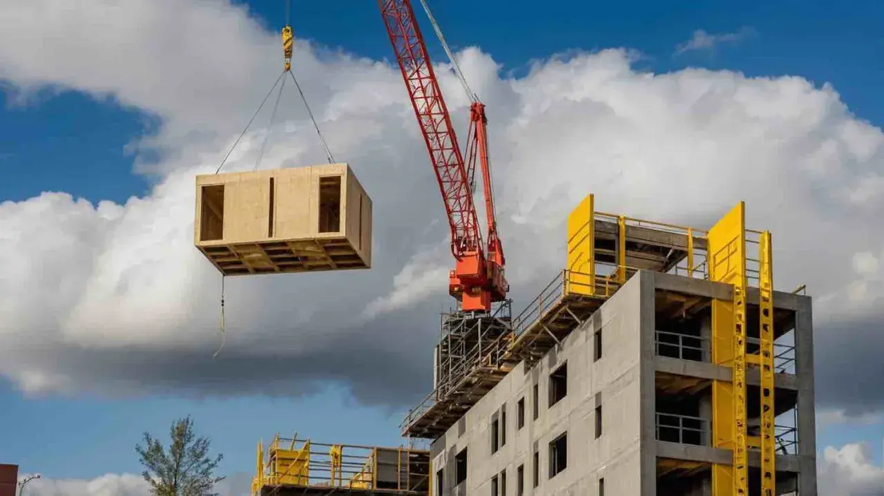Une grue rouge soulève un module en bois pour la construction hors site d'un bâtiment en béton.