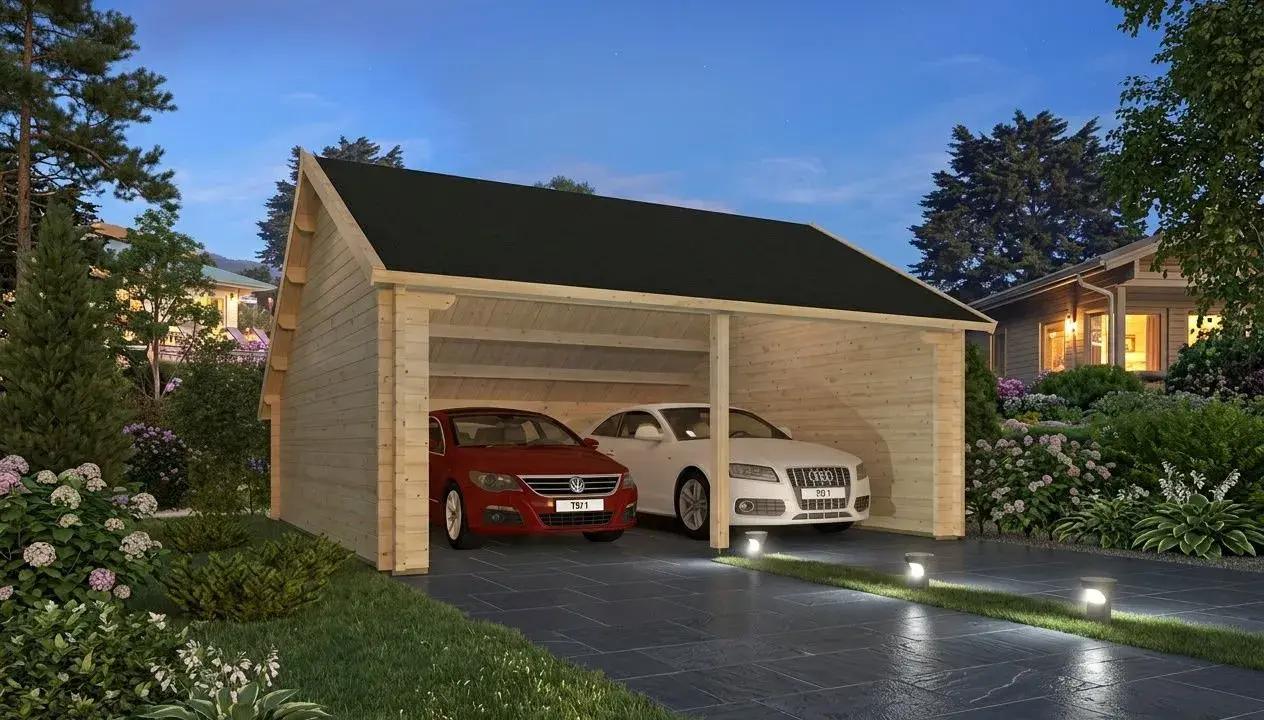 Un garage en bois abrite deux voitures. Le prix de construction de ce garage est abordable.