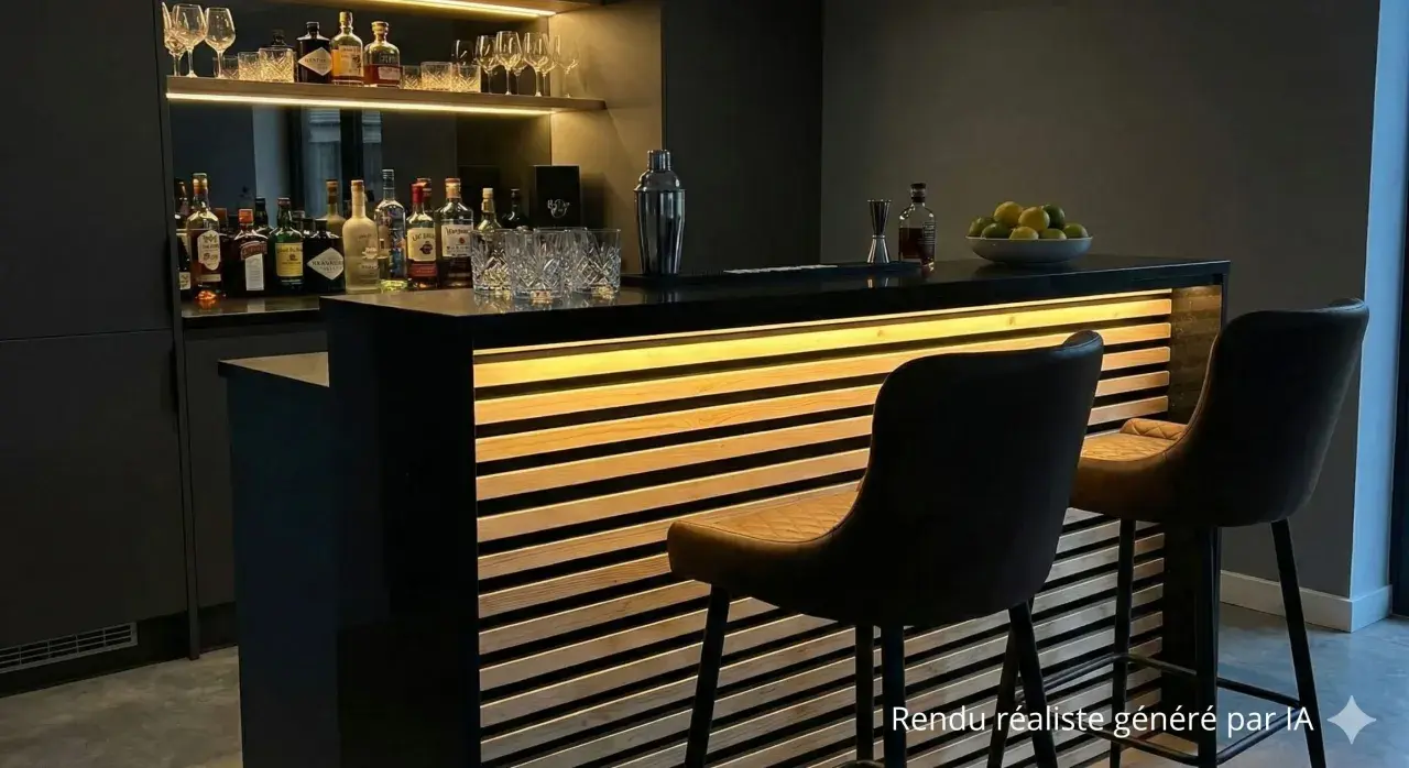 Bar moderne avec éclairage LED intégré dans des tasseaux de bois. Idée déco pour un coin bar chic.