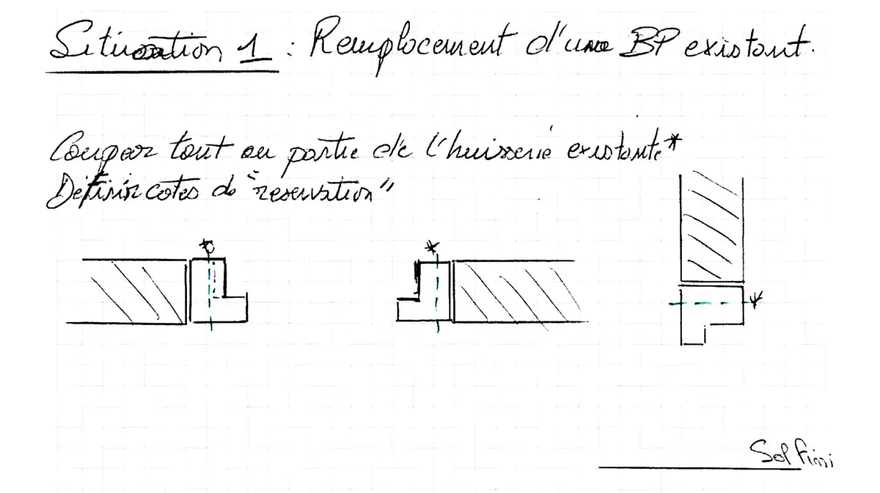 Schéma illustrant la coupe d'une huisserie existante pour définir la dimension hors tout porte et la réservation.