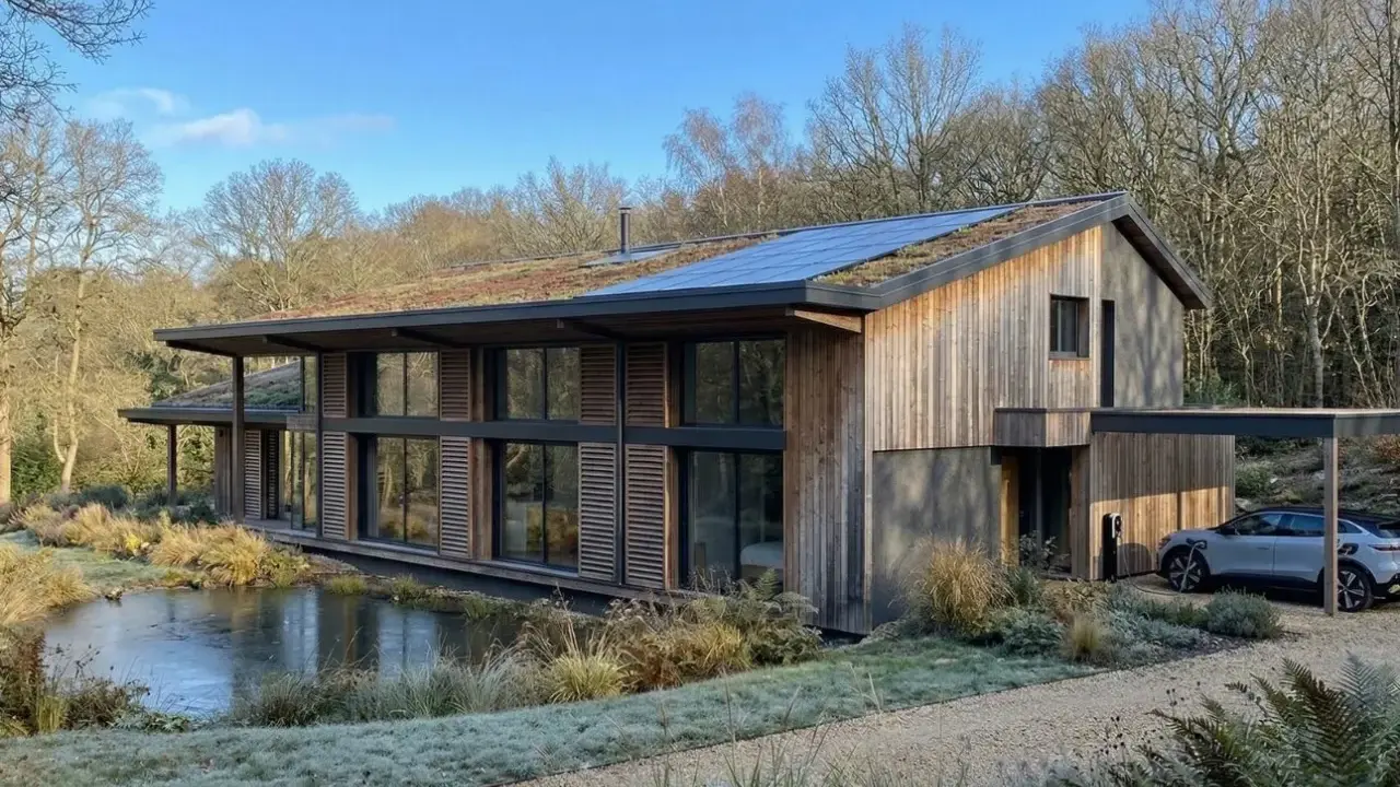 Une maison écologique moderne avec un toit végétalisé et des panneaux solaires, nichée près d'un étang gelé.