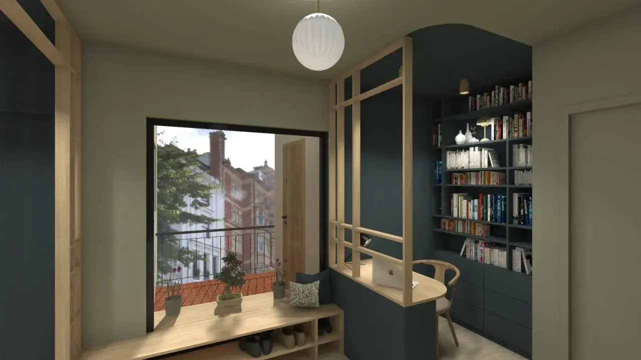 Un bureau caché dans le salon, intégré à une bibliothèque murale. Un espace de travail discret et fonctionnel.