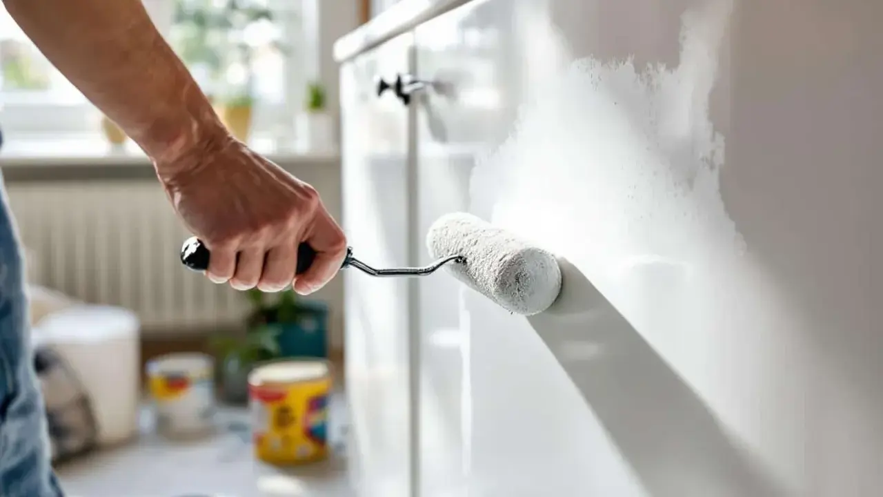 Main d'une personne appliquant de la peinture blanche sur un meuble pour le customiser.