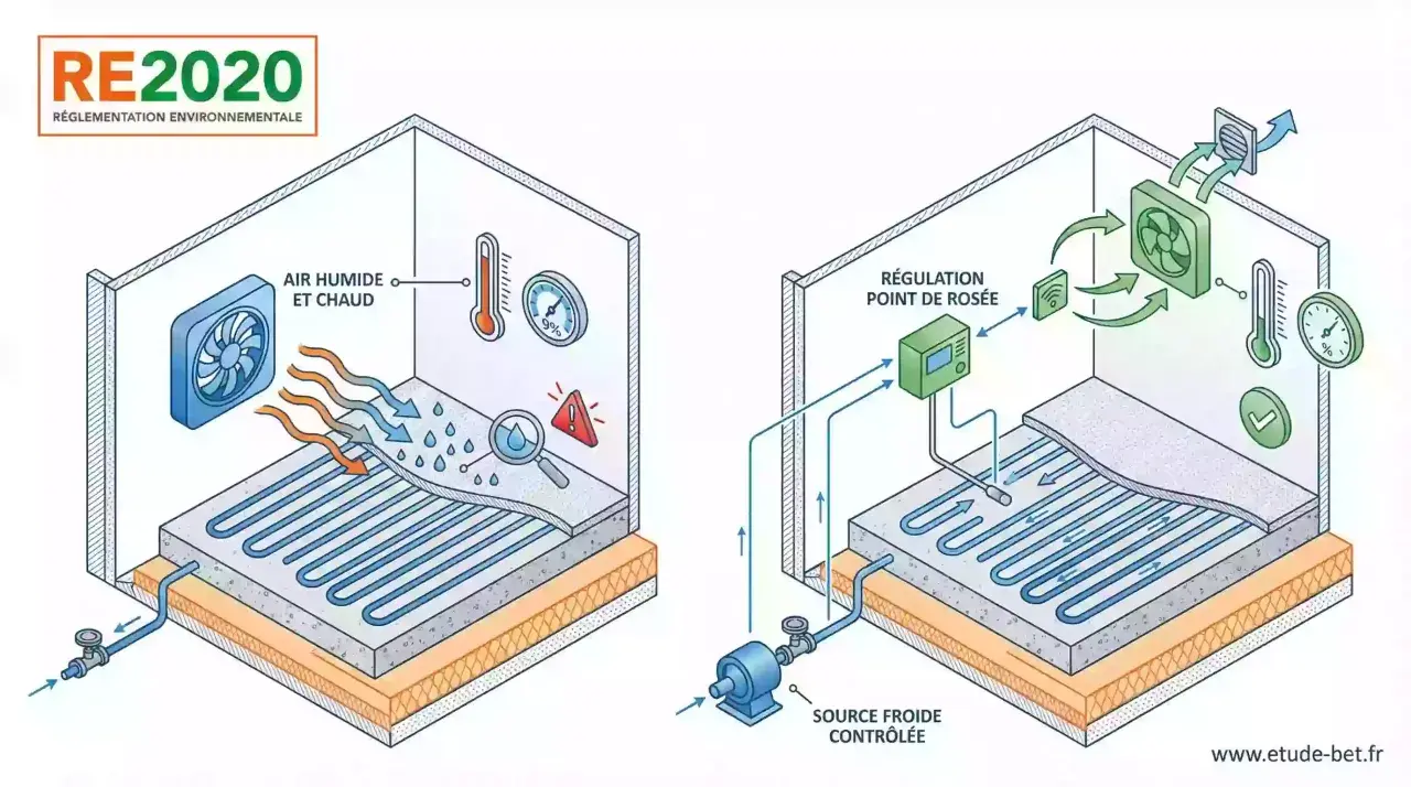 Schéma d'un plancher chauffant hydraulique montrant la régulation de l'air et de l'humidité pour un confort optimal.
