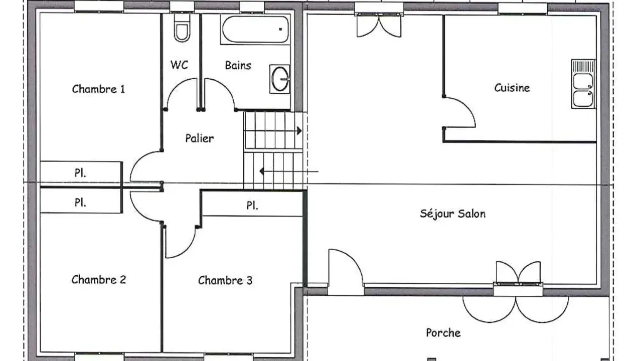 Plan maison 55 m2 : 3 chambres, séjour, cuisine, salle de bain, WC et porche. Idéal pour une famille.
