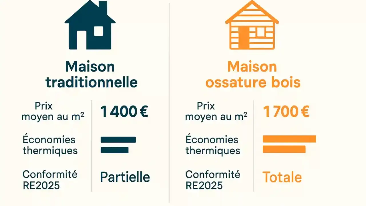 Comparaison : maison traditionnelle (1400€/m², partielle RE2025) vs maison ossature bois (1700€/m², totale RE2025). Le prix de construction maison bois est plus élevé mais offre plus d'avantages.