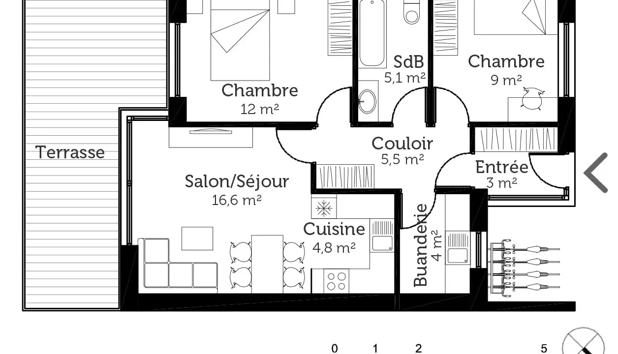 Plan d'une maison 60 m² avec terrasse, salon, cuisine, buanderie, deux chambres et salle de bain.
