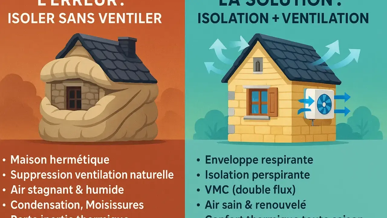 Schéma d'une maison autonome : l'erreur d'isoler sans ventiler cause humidité et moisissures, la solution est isolation et ventilation pour un air sain.