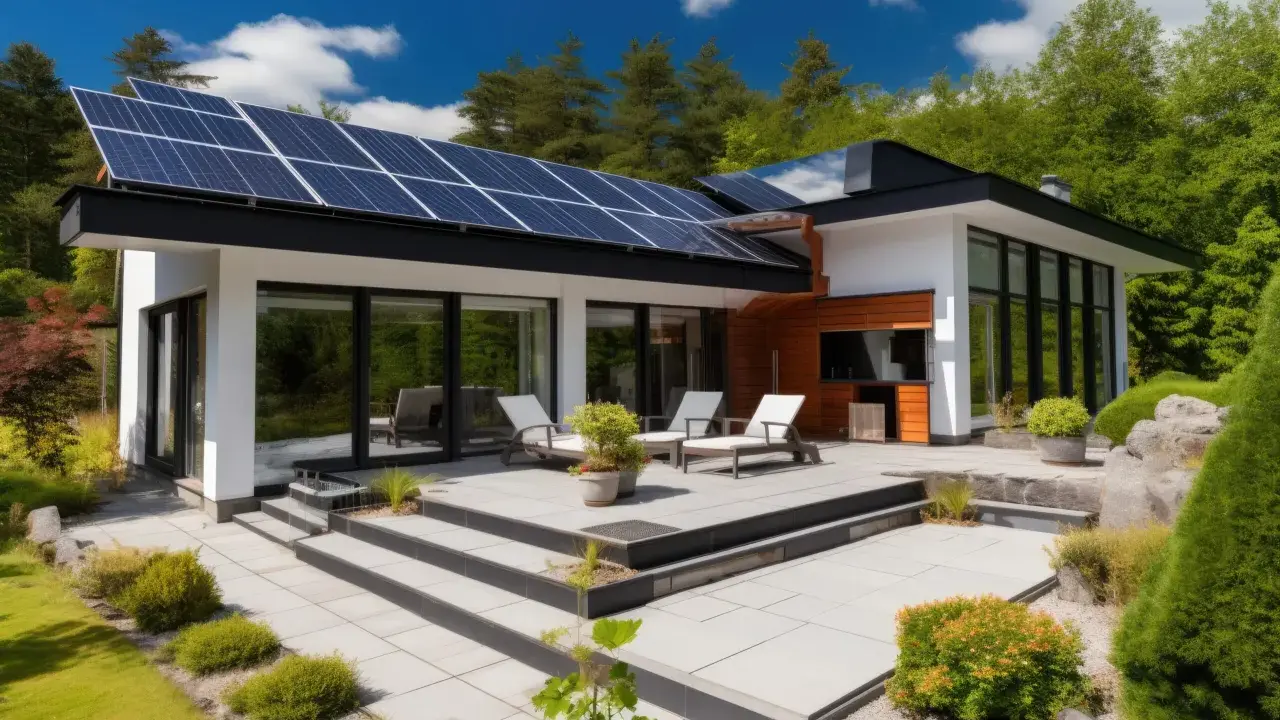 Une maison basse consommation avec des panneaux solaires sur le toit, une terrasse moderne et un jardin verdoyant.