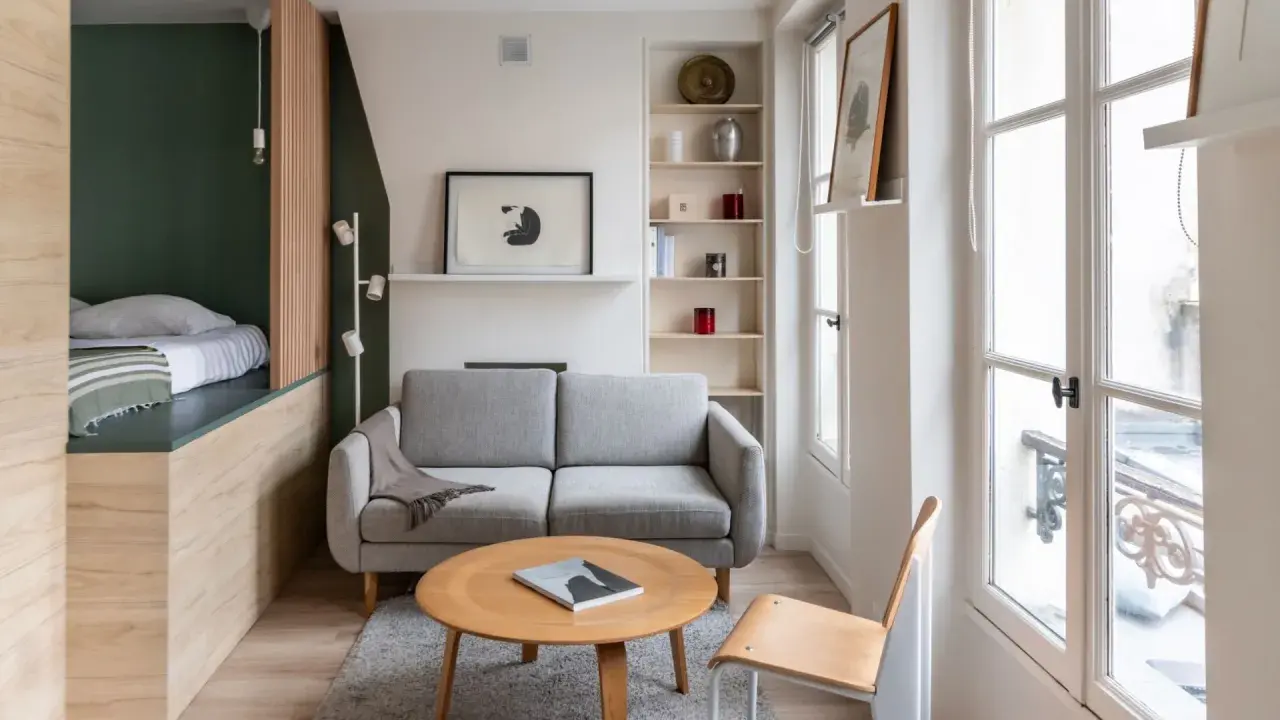 Aménagement petit appartement : lit surélevé, canapé gris, table basse ronde en bois, étagères et grande fenêtre lumineuse.