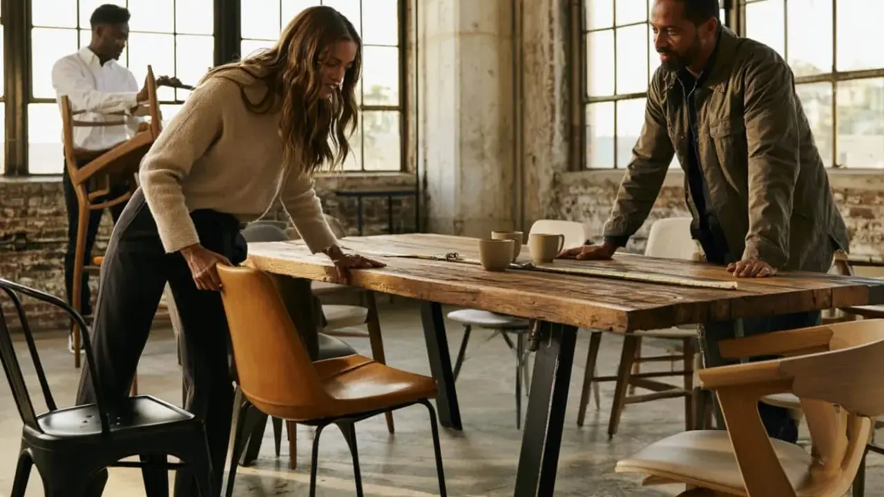 Trois personnes arrangent des chaises autour d'une grande table en bois brut. Quelles chaises avec table industrielle, le tout dans un loft lumineux.