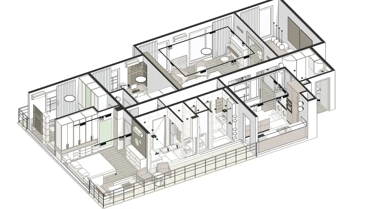Plan architecte isométrique d'un appartement moderne avec chambre, salon, cuisine, salle de bain et bureau.