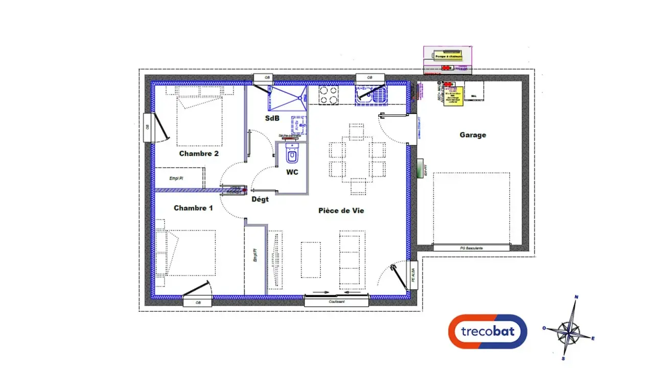 Plan d'une petite maison 50m2 avec deux chambres, une pièce de vie, une salle de bain, WC et un garage.