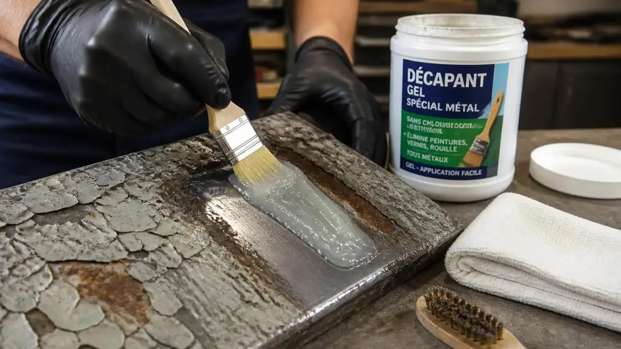 Application d'un gel pour enlever peinture sur métal sans décapant. Un pinceau dépose le produit sur une surface métallique écaillée.