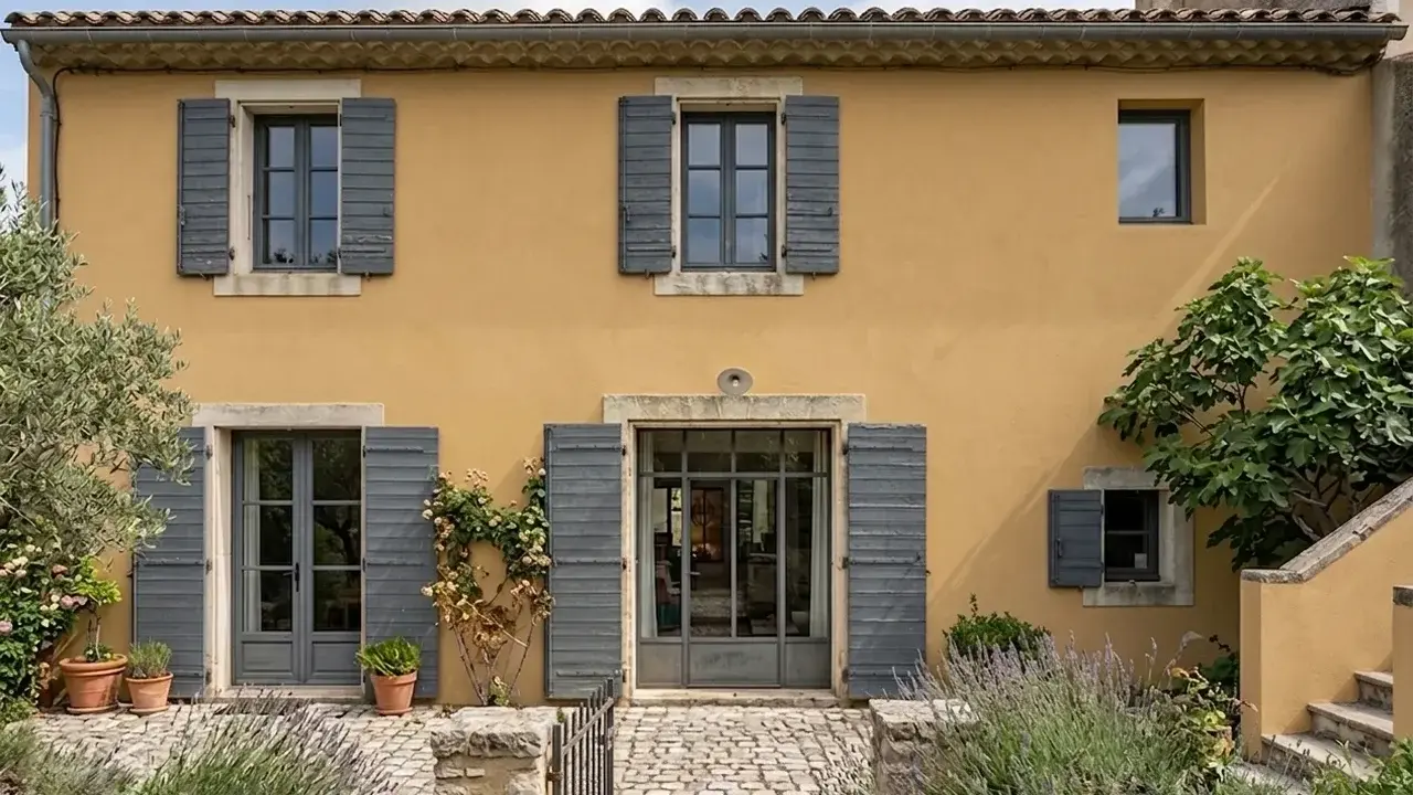 Façade d'une maison provençale à l'enduit projeté ocre, avec volets gris et végétation luxuriante.