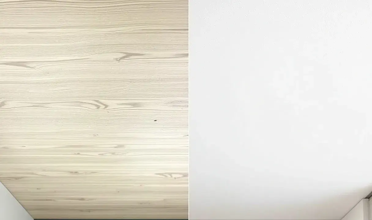 Le lambris en bois clair est recouvert d'enduit blanc, transformant l'espace.