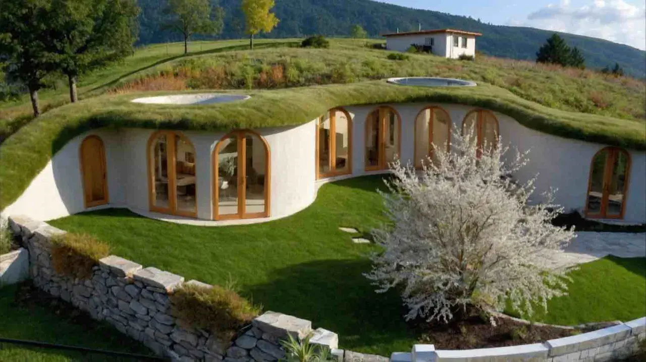 Maison semi enterrée sur un terrain en pente, avec un toit végétalisé et de grandes fenêtres cintrées. Un arbre fleuri blanc devant.