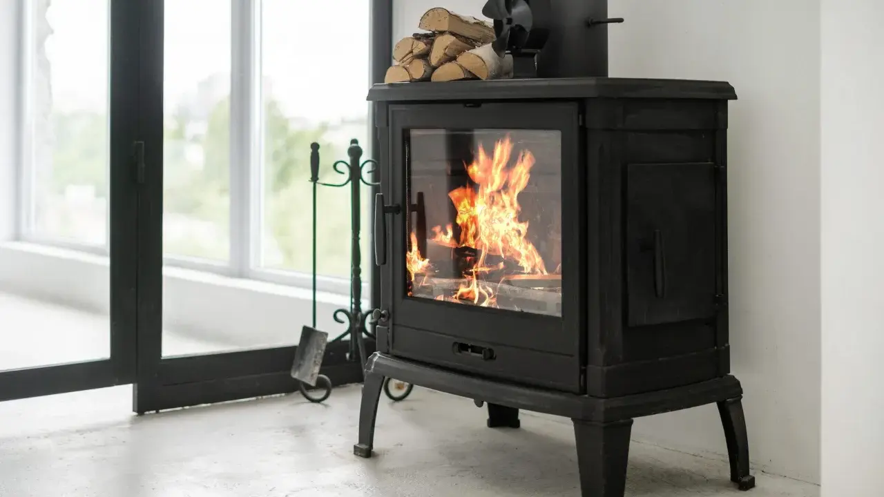Poêle à bois en fonte avec flammes vives, pile de bois et accessoires. Idéal pour un couplage pompe à chaleur et poêle bois pour une chaleur optimale.