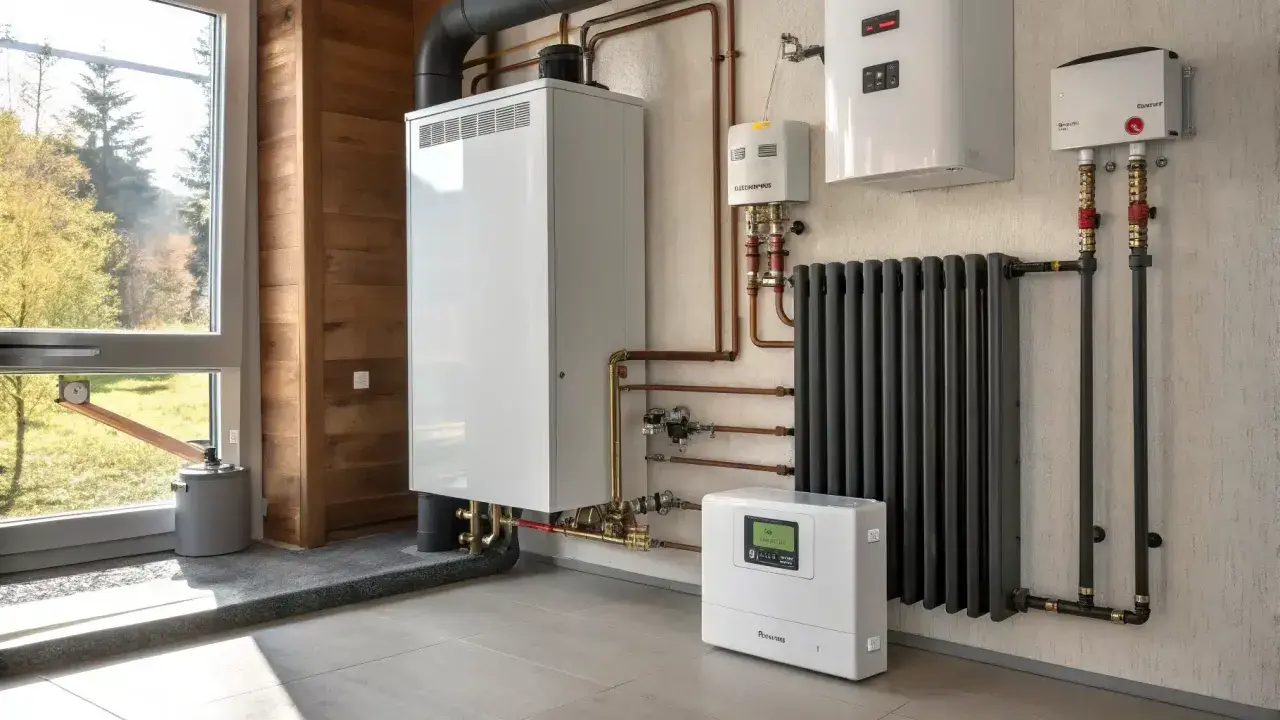 Système de chauffage moderne avec chaudière, radiateur et thermostat. Le meilleur chauffage pour maison plain-pied, efficace et discret.