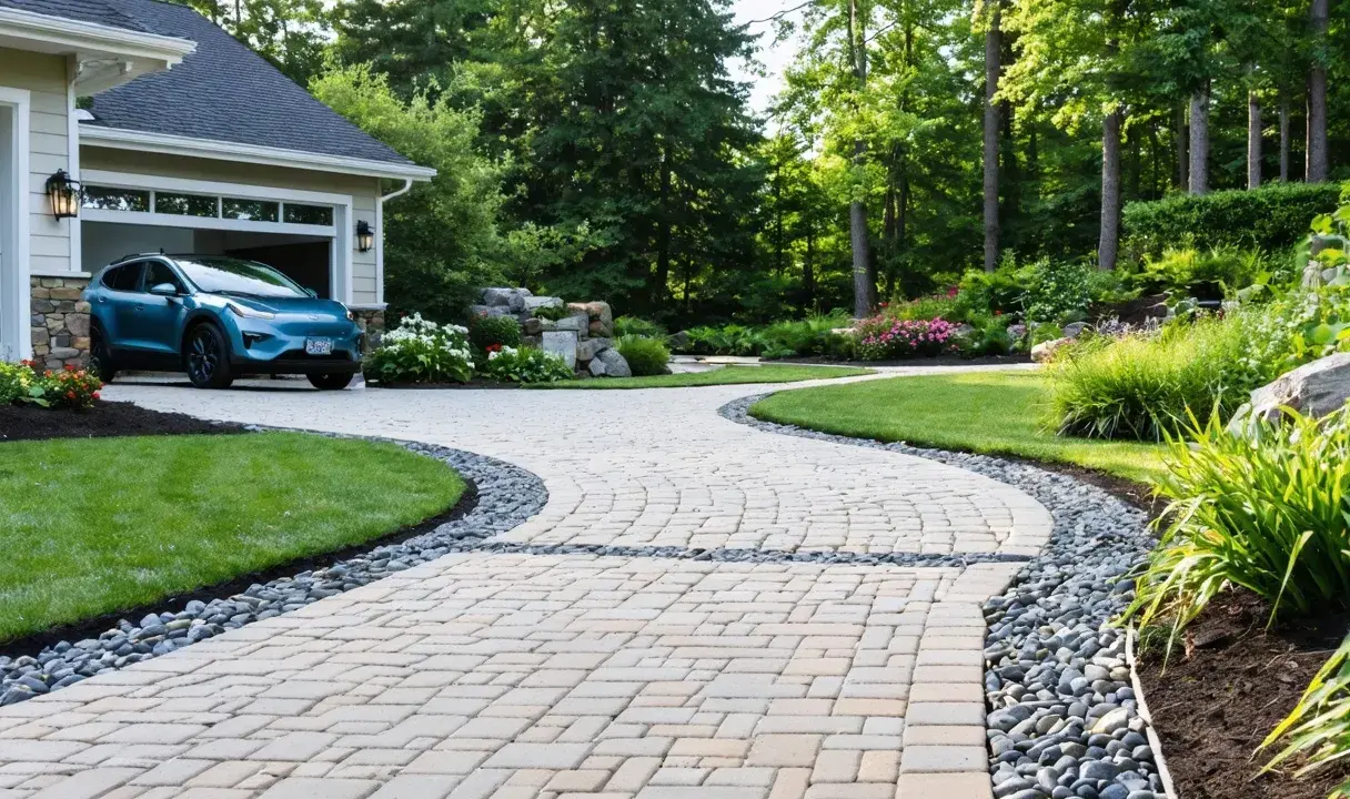 Allée sinueuse en pavés pour le revêtement sol extérieur voiture, bordée de galets et de verdure luxuriante.