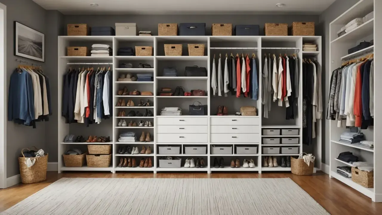 Système de rangement ouvert pour vêtements et chaussures, idéal pour comment ranger ses vêtements sans armoire. Paniers et étagères organisent tout.