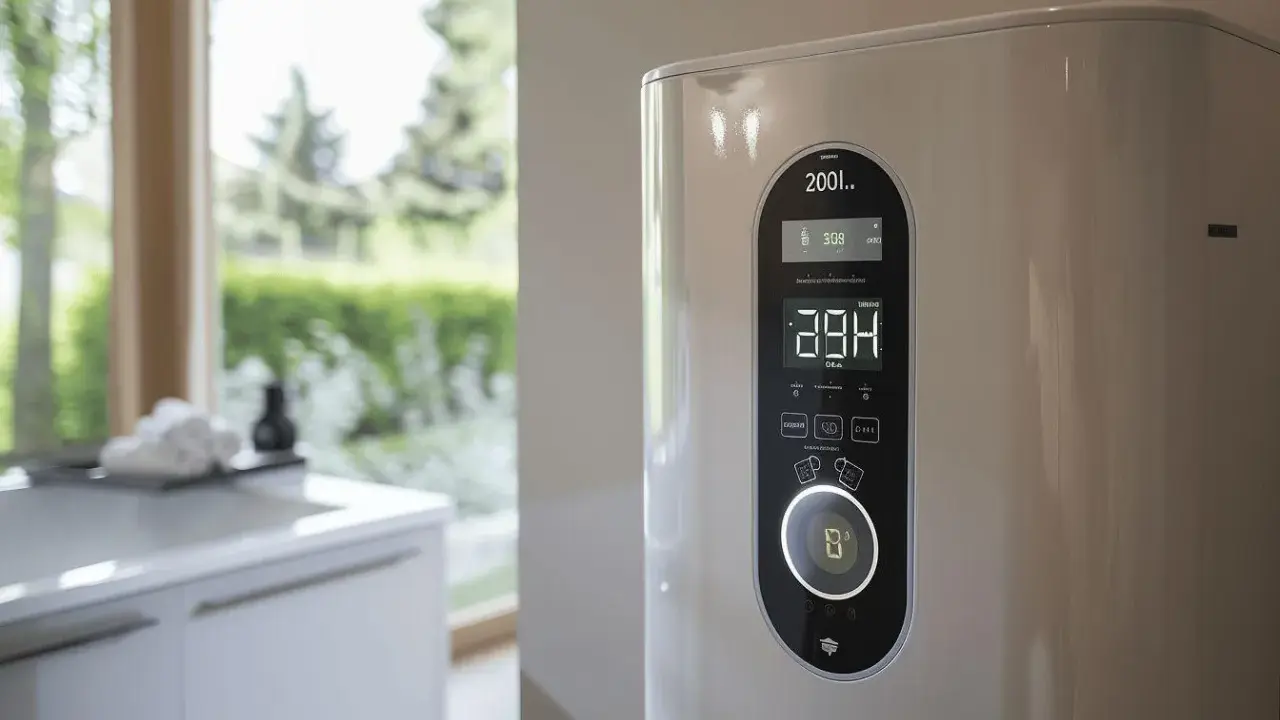 Chauffe-eau 200l avec écran affichant 28.4°C et 3.09 kWh. Optimisez votre consommation kwh chauffe-eau 200l par jour.