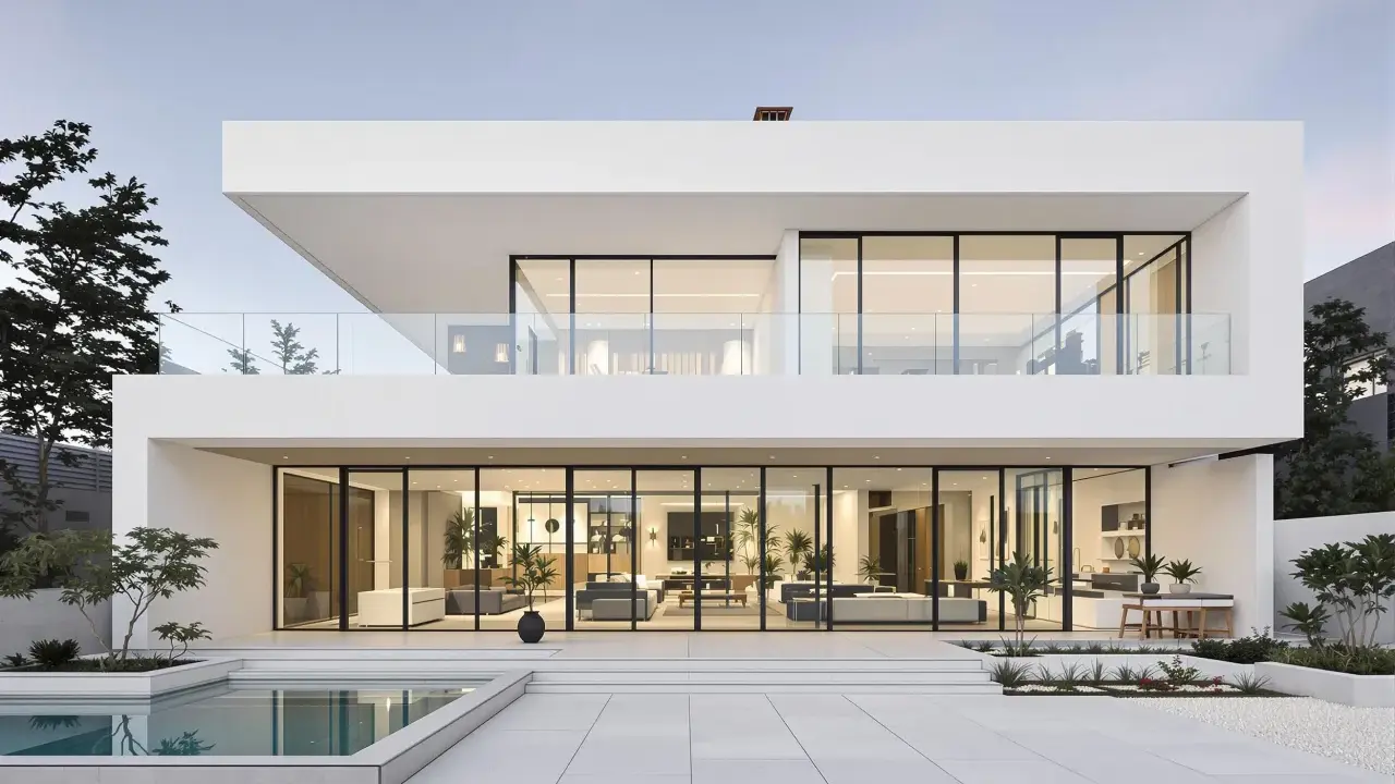 Une maison design moderne avec piscine, de grandes baies vitrées révélant un intérieur lumineux et épuré.
