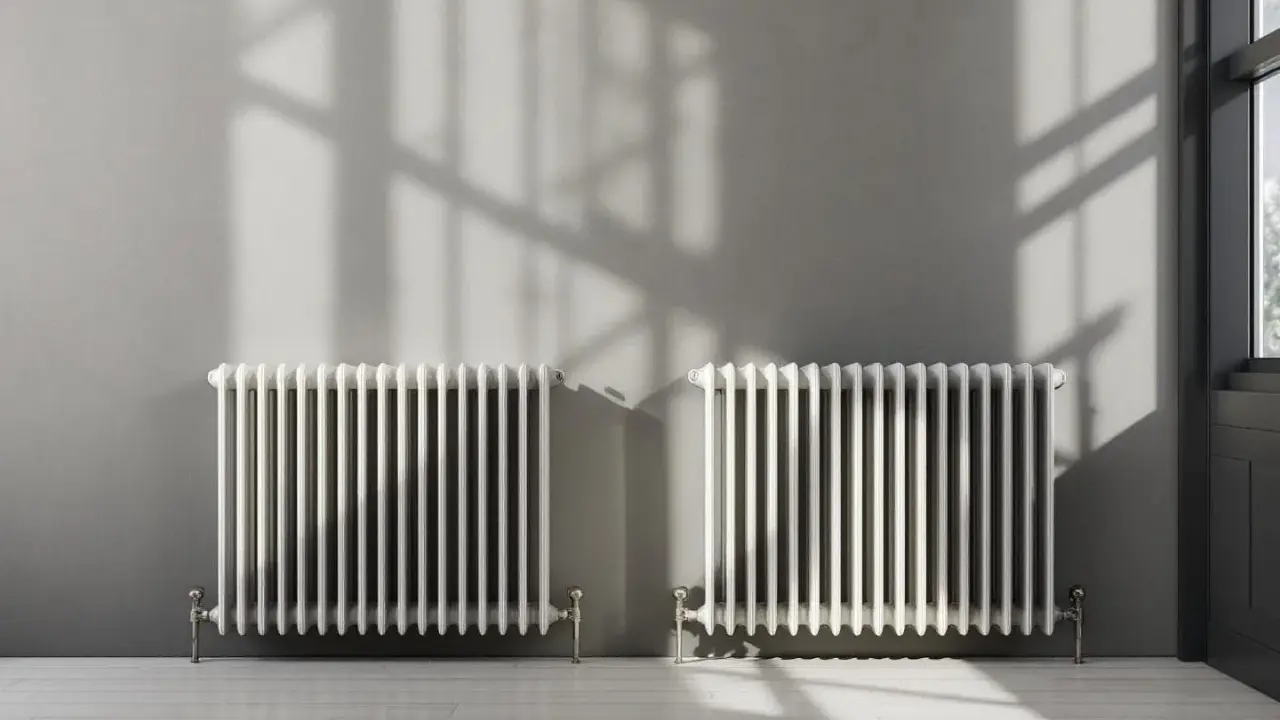 Deux radiateurs blancs classiques, parfaits pour reconnaître un radiateur haute température, projettent des ombres sur un mur gris.