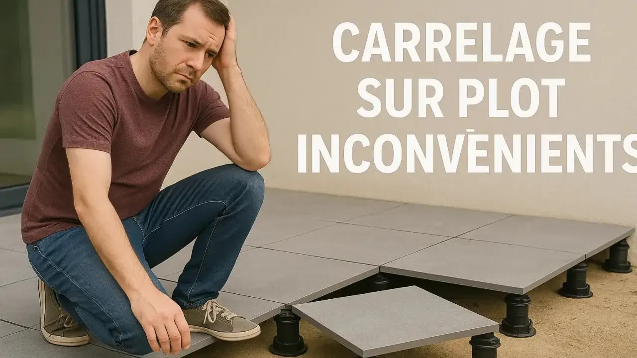 Homme pensif devant un carrelage sur plots. Le texte indique "Carrelage sur plot inconvénients", suggérant des difficultés avec cette méthode.
