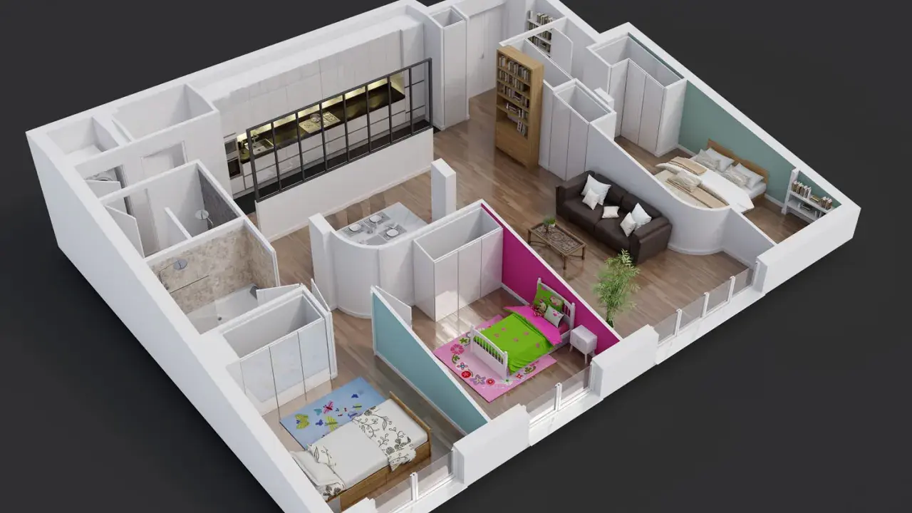 Plan appartement 80m2 2 chambres : cuisine moderne, salon, salle de bain, et deux chambres confortables.