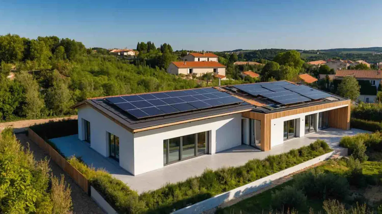 Une **petite maison passive** moderne avec des panneaux solaires sur le toit, entourée de verdure et de collines.