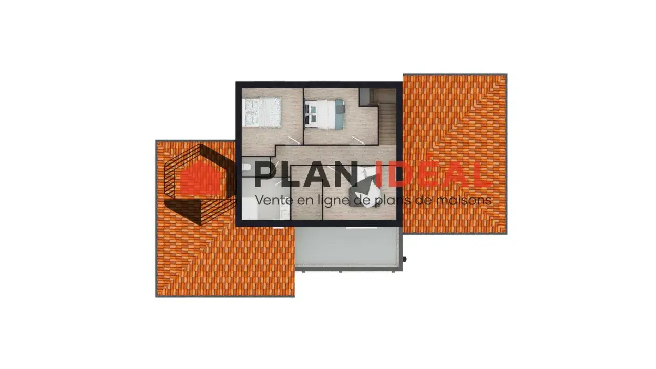 Vue aérienne d'un plan de maison 5 chambres, avec toiture en tuiles oranges et logo "PLAN IDEAL".